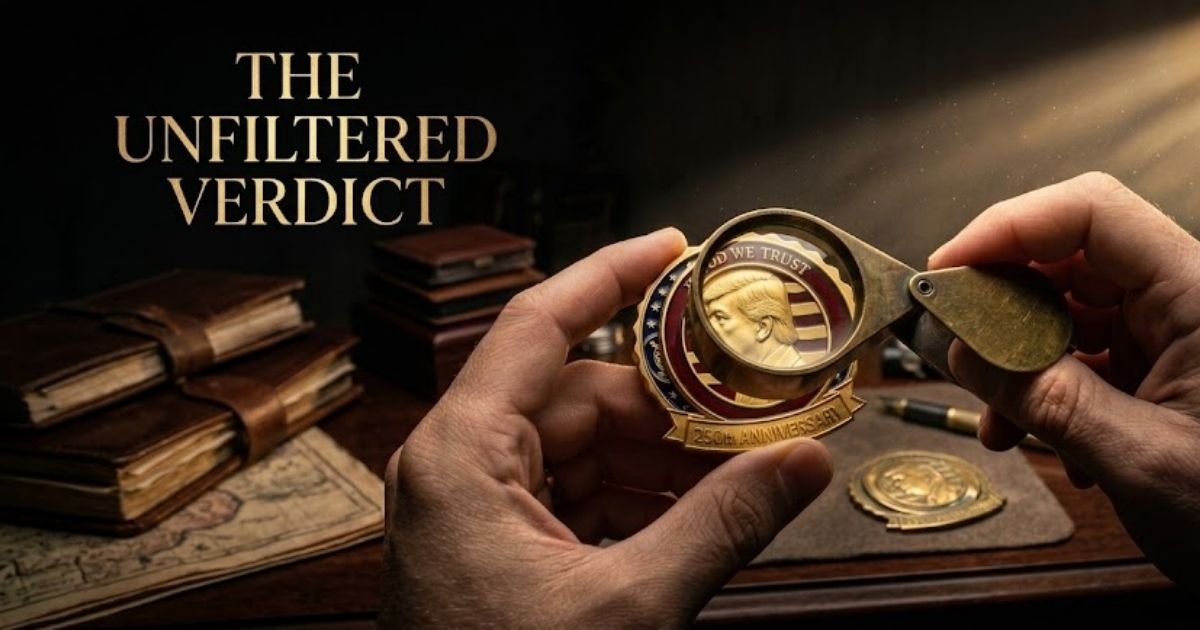 Authentic Trump 250th Anniversary Golden Badge under a jeweler's loupe showing real vs fake details